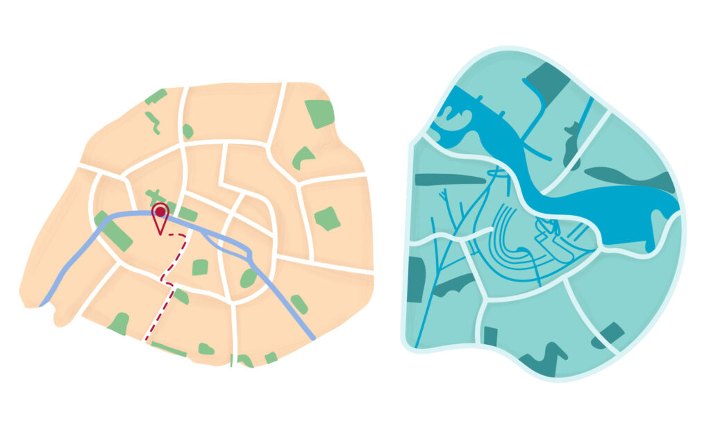 A side-by-side image of two stylized maps: the left is a beige city map with a river, roads, green spaces, and a red pin with a dashed line; the right is a blue abstract map with shapes suggesting water and land, and thin blue lines indicating paths.