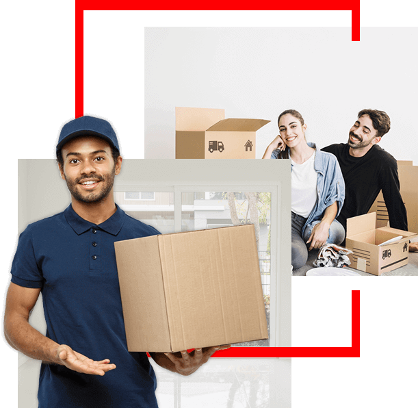 A man in a blue polo and cap holds a moving box, with a smiling couple seated among packed boxes in the background, suggesting a relocation service.