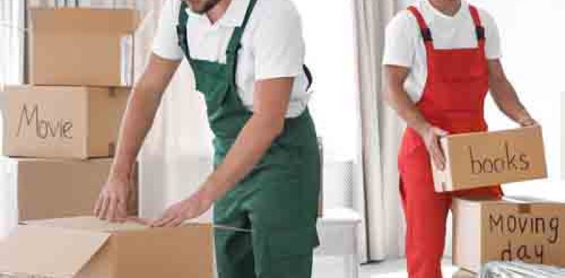 Two movers in green and red overalls pack and move boxes in a room—one tapes a box labeled "Kitchen," while the other carries one labeled "Books."