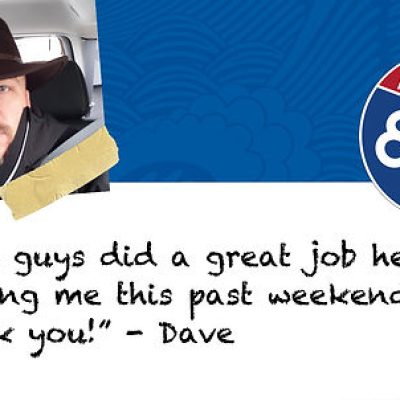 A man in a hat sits in a car beside an Interstate 85 sign, with a testimonial quote: "You guys did a great job helping moving me this past weekend, thank you!" – Dave.